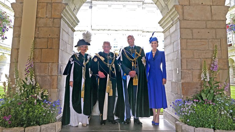 Queen Camilla, King Charles III, the Prince and Princess of Wales, known as the Duke and Duchess of Rothesay while in Scotland, at the Palace of Holyroodhouse, Edinburgh, after the National Service of Thanksgiving and Dedication for King Charles III and Queen Camilla, and the presentation of the Honours of Scotland. Picture date: Wednesday July 5, 2023. PA Photo. See PA story ROYAL King. Photo credit should read: Yui Mok/PA Wire