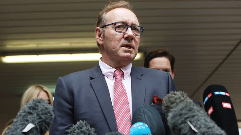 Actor Kevin Spacey speaks with the media outside Southwark Crown Court, after he was found not guilty on charges related to allegations of sexual offenses, in London, Britain, July 26, 2023. REUTERS/Susannah Ireland?