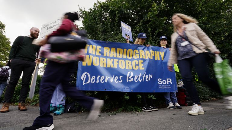 Members of the Society of Radiographers (SoR) on the picket line outside the Royal Marsden Hospital in Sutton, south London, during a 48-hour strike in their dispute over pay. Picture date: Tuesday July 25, 2023.