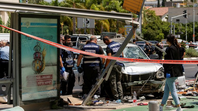 Israeli police work at the scene of a ramming attack in Tel Aviv, Israel July 4, 2023. REUTERS/Amir Cohen