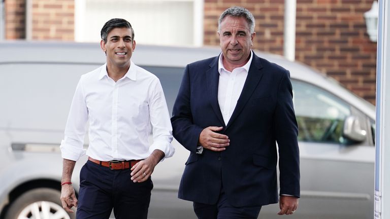 Prime Minister Rishi Sunak and newly elected Conservative MP Steve Tuckwell arriving at the Rumbling Tum cafe in Uxbridge, west London, following the party&#39;s success in the Uxbridge and South Ruislip by-election. Picture date: Friday July 21, 2023. PA Photo. See PA story POLITICS ByElections. Photo credit should read: Jordan Pettitt/PA Wire