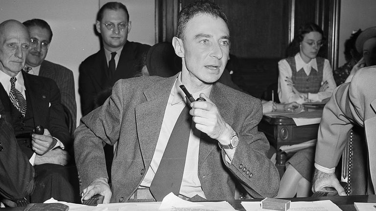 FILE-This Oct. 17, 1945 file photo Dr. J. Robert Oppenheimer of the New Mexico laboratories of the atomic bomb making project, testifies before the Senate Military Affairs Committee in Washington 