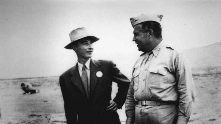 Catalog Number: Oppenheimer J Robert C35.  Oppenheimer and Groves at Ground Zero, September 1945.Image credit: Digital Photo Archive, Department of Energy (DOE), courtesy of AIP Emilio Segre Visual Archive