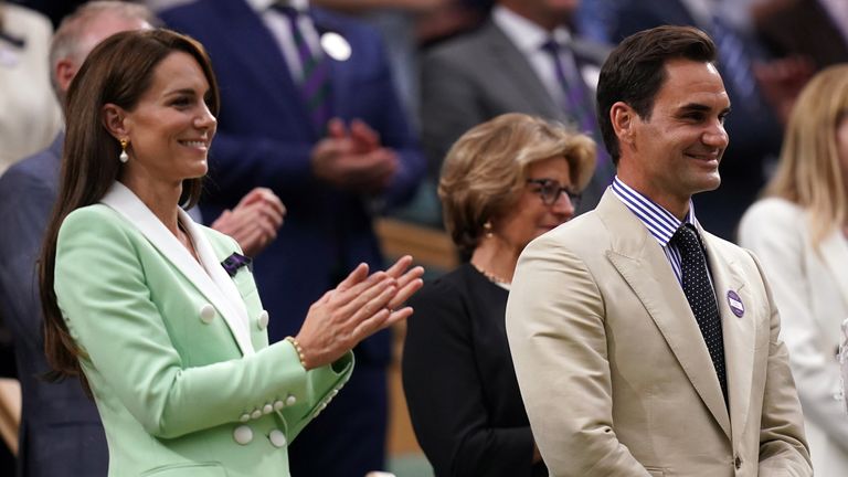 The Princess of Wales and Roger Federer following Andy Murray&#39;s victory over Ryan Peniston on day two of the 2023 Wimbledon Championships at the All England Lawn Tennis and Croquet Club in Wimbledon. Picture date: Tuesday July 4, 2023.