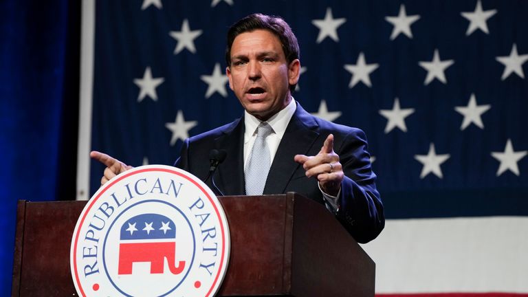 Republican presidential candidate Florida Gov. Ron DeSantis speaks at the Republican Party of Iowa&#39;s 2023 Lincoln Dinner in Des Moines, Iowa, Friday, July 28, 2023. (AP Photo/Charlie Neibergall)