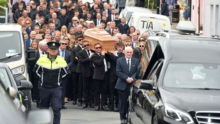 Ronan Keating (centre middle left) helps carry the coffin of his brother Ciaran Keating towards St Patrick&#39;s Church in Louisburgh, Co Mayo, for his funeral. The older brother of Ronan Keating died in a two-car crash near Swinford in Co Mayo on Saturday. Picture date: Thursday July 20, 2023. PA Photo. See PA story FUNERAL Keating. Photo credit should read: Oliver McVeigh/PA Wire      