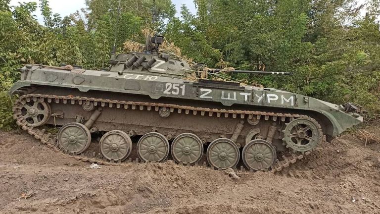 A Russian armoured fighting vehicle captured in fighting near Kharkiv