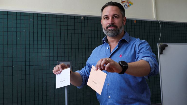 Spain&#39;s far-right Vox party leader Santiago Abascal casts his vote during the snap genera election on 23 July