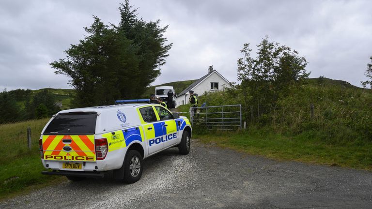 Police at the scene of an incident in Tarskavaig, a crofting village on the West coast of Sleat on the Isle of Skye in Scotland. Police Scotland said officers were initially called to the Tarskavaig area on Skye shortly before 9am on Wednesday after a report of a 32-year-old woman having been seriously injured at a property. She has since been taken to the Queen Elizabeth University Hospital in Glasgow for treatment. Picture date: Thursday August 11, 2022.