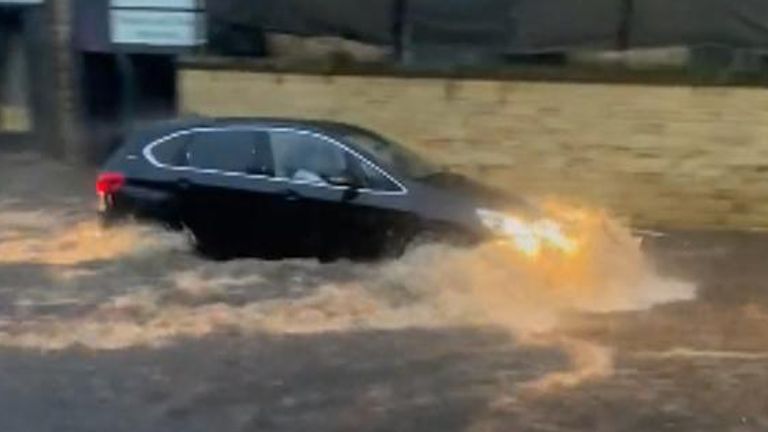 This video has captured cars ploughing through flooded roads in Sheffield after the region was hit by thunderstorms and flash floods