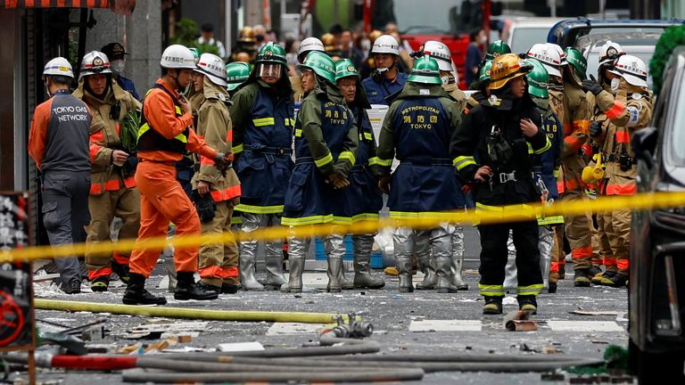Rescuers work at the site of an apparent explosion near Shimbashi station in Tokyo, Japan July 3, 2023. REUTERS/Issei Kato
