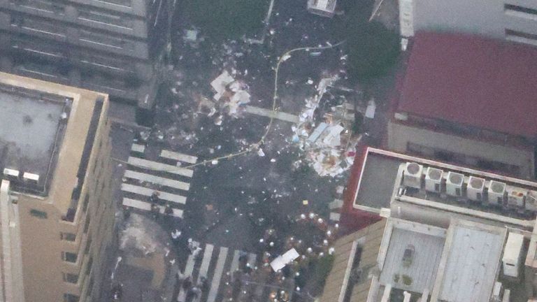 An aerial photo shows an explosion site in Shinbashi, Tokyo 
Pic:AP 