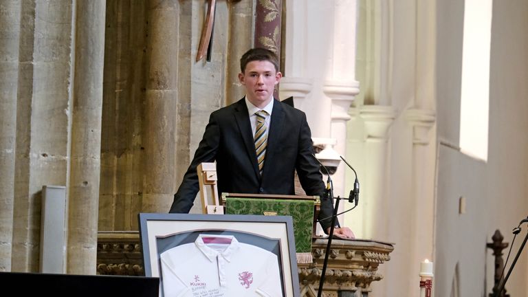 Charlie Webber, the brother of Barnaby Webber, gives a reading during his funeral of at Taunton Minster in Taunton, Somerset 