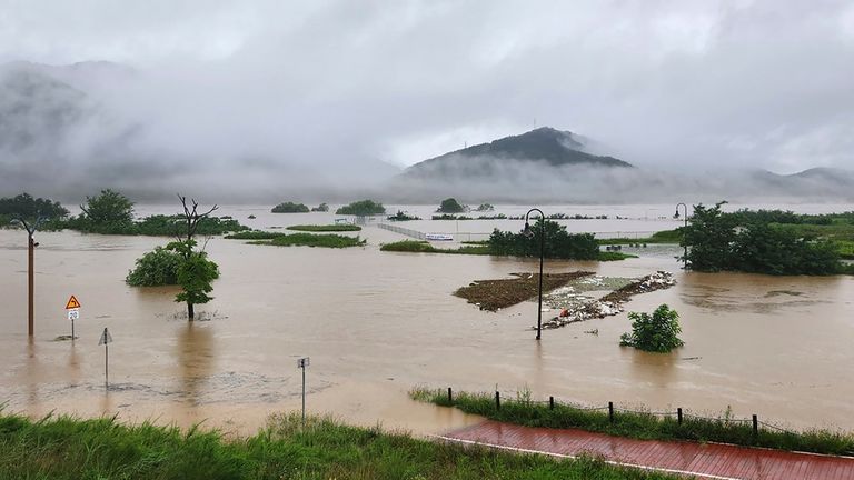 A flooded park along the Geum River in Sejong, South Korea Pic: AP 