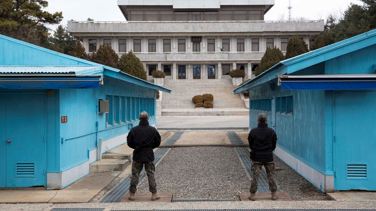 South Korean soldiers stand guard during a media tour at the Joint Security Area (JSA) on the Demilitarized Zone (DMZ) in the border village of Panmunjom in Paju, South Korea, 03 March 2023. JEON HEON-KYUN/Pool via REUTERS
