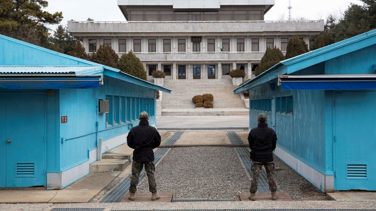 South Korean soldiers stand guard during a media tour at the Joint Security Area (JSA) on the Demilitarized Zone (DMZ) in the border village of Panmunjom in Paju, South Korea, 03 March 2023. JEON HEON-KYUN/Pool via REUTERS
