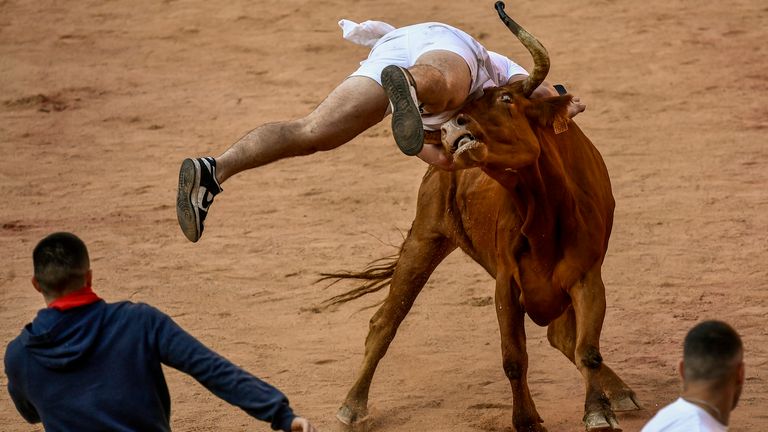 A reveler is pushed  at the end of the fourth running of the bulls during the San Fermin fiestas in Pamplona, Spain, 