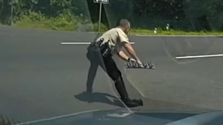Officer successfully deploys a spike strip to stop a police chase