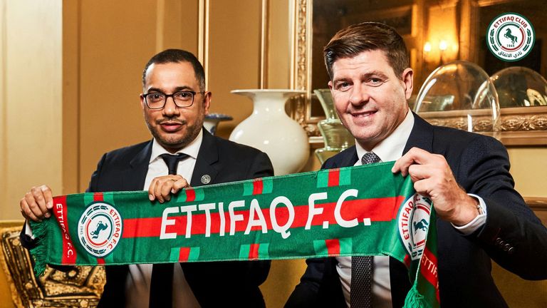 New Al Ettifaq coach Steven Gerrard poses for a photograph with club president Khaled Al Dabal Ettifaq 