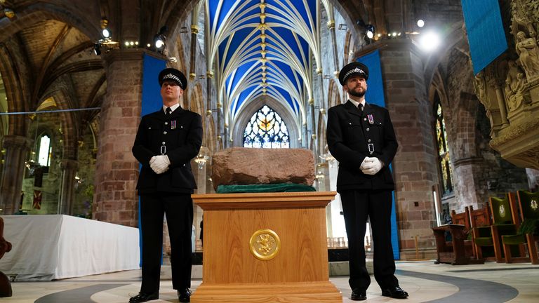 Officers guard the Stone of Destiny which is also known as the Stone of Scone, ahead of the National Service of Thanksgiving and Dedication for Britain&#39;s King Charles III and Queen Camilla 
Pic:AP