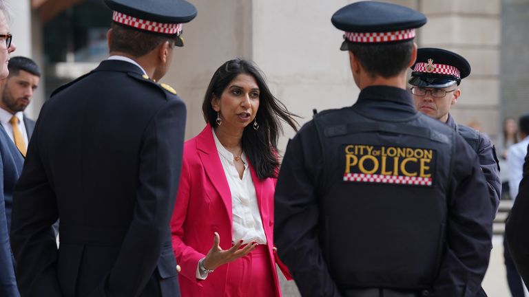 Home Secretary Suella Braverman during a visit to the City of London Police in Paternoster Square, London, ahead of the launch of the Government&#39;s counter-terrorism strategy, Contest 2023, which has been updated for the first time in five years. Picture date: Monday July 17, 2023.