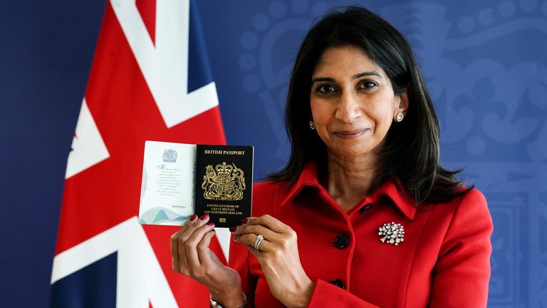 Home Secretary Suella Braverman with the new King Charles III UK passport, at the Home Office, central London. Picture date: Tuesday July 18, 2023.