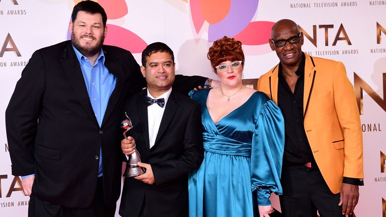 (left to right) Mark Labbett, Paul Sinha, Jenny Ryan and Shaun Wallace with the award for best Quiz Show for The Chase in the Press Room at the National Television Awards 2019 held at the O2 Arena, London. PRESS ASSOCIATION PHOTO. Picture date: Tuesday January 22, 2019. See PA story SHOWBIZ NTAs. Photo credit should read: Ian West/PA Wire