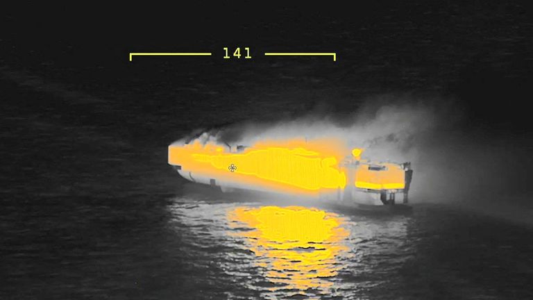 A thermal camera shows the cargo ship Fremantle Highway, on fire at sea 
Pic:Coastguard Netherlands//Reuters