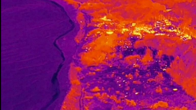 A drone flyover with a thermal imaging camera shows the soaring ground temperatures in Puglia, Italy, as wildfires in the region were exacerbated by hot, dry weather and strong winds. 