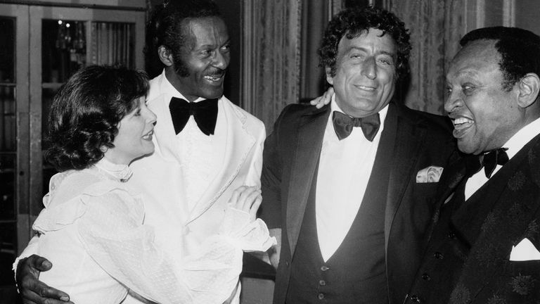 Actress-singer Anita Gillette, left, musician Chuck Berry, singer Tony Bennett and jazz musician Lionel Hampton are shown together at the Songwriters Hall of Fame dinner at New York&#39;s Waldorf-Astoria Monday, March 8, 1981.
Pic:AP