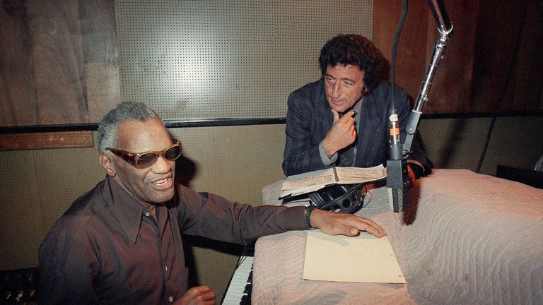 Ray Charles, left, and Tony Bennett are shown at the Larabee Studios in Los Angeles Jan. 4, 1986
Pic:AP