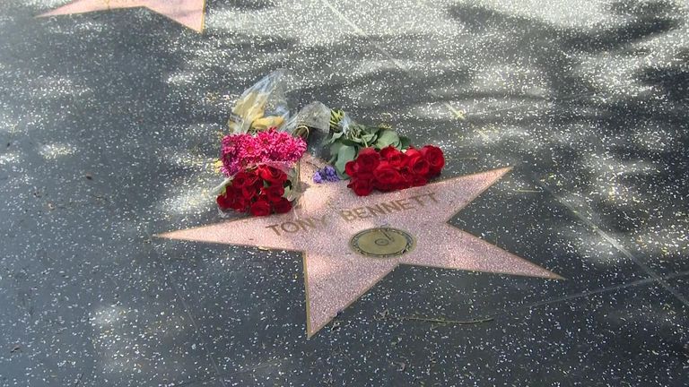 Wreaths were laid on Tony Bennett's Hollywood Walk of Fame star Friday after news of the legendary recording artist's death was announced.