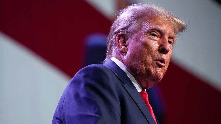 Republican presidential candidate former president Donald Trump speaks at the Republican Party of Iowa&#39;s 2023 Lincoln Dinner in Des Moines, Iowa, Friday, July 28, 2023. (AP Photo/Charlie Neibergall)