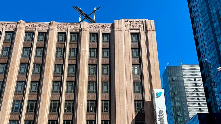 A large, metal "X" sign is seen on top of the downtown building that housed what was once Twitter, now rebranded by its owner, Elon Musk, in San Francisco, Friday, July 28, 2023. The new metal X marker appeared after police stopped workers on Monday, July 24, from removing the iconic bird and logo, saying they didn&#39;t have the proper permits and didn&#39;t tape off the sidewalk to keep pedestrians safe if anything fell. (AP Photo/Haven Daley)