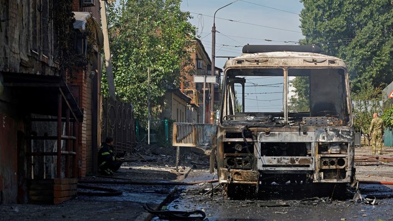 A view shows a burnt-out bus following a shelling in the course of Russia-Ukraine conflict in Donetsk, Russian-controlled Ukraine, July 31, 2023. REUTERS/Alexander Ermochenko
