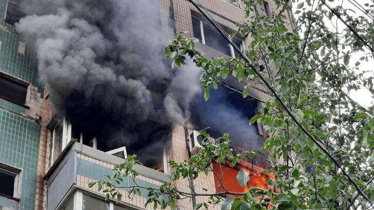 An apartment building burns after has been hit by a Russian missile strike in Kryvyi Rih,  Ukraine
