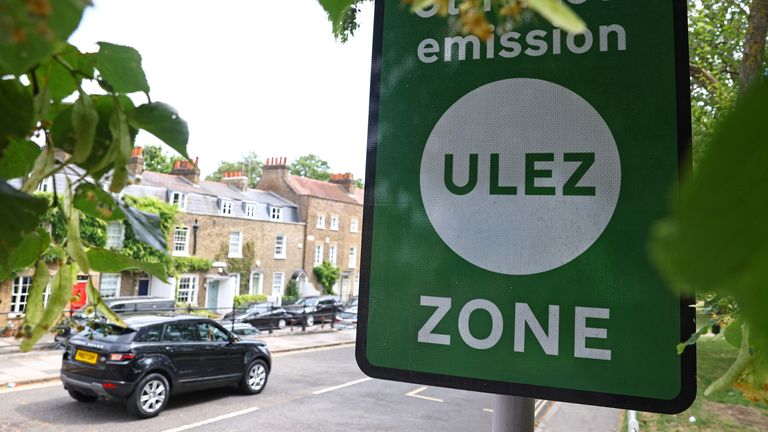 Signage indicates the boundary of London&#39;s Ultra Low Emissions Zone (ULEZ) zone beside the South Circular Road ahead of proposed upcoming expansion, in London, Britain, June 26, 2023. REUTERS/Toby Melville