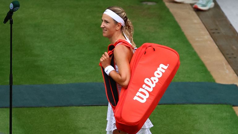 Belarus&#39; Victoria Azarenka reacts to spectators at Wimbledon