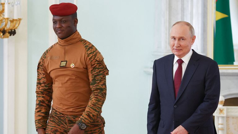 Russia&#39;s Vladimir Putin and Burkina Faso President Ibrahim Traore in Saint Petersburg this year