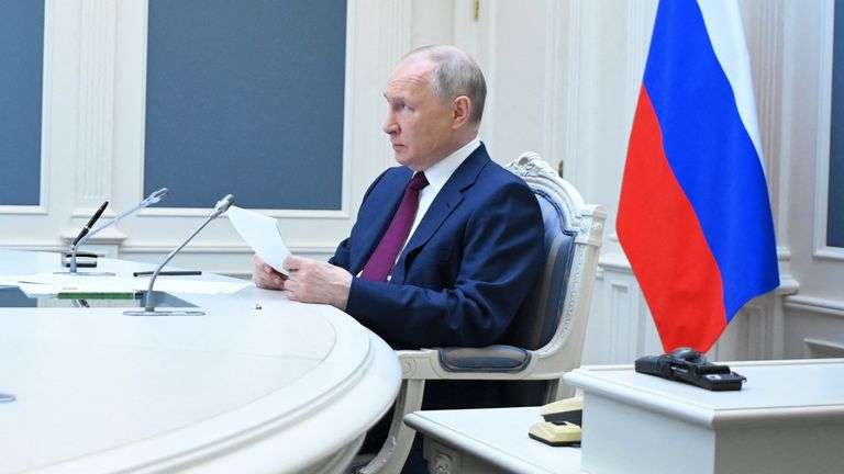 Russian President Vladimir Putin attends a summit of leaders of the Shanghai Cooperation Organisation (SCO) via a video conference call at the Kremlin in Moscow, Russia, July 4, 2023. Sputnik/Alexander Kazakov/Kremlin via REUTERS ATTENTION EDITORS - THIS IMAGE WAS PROVIDED BY A THIRD PARTY.