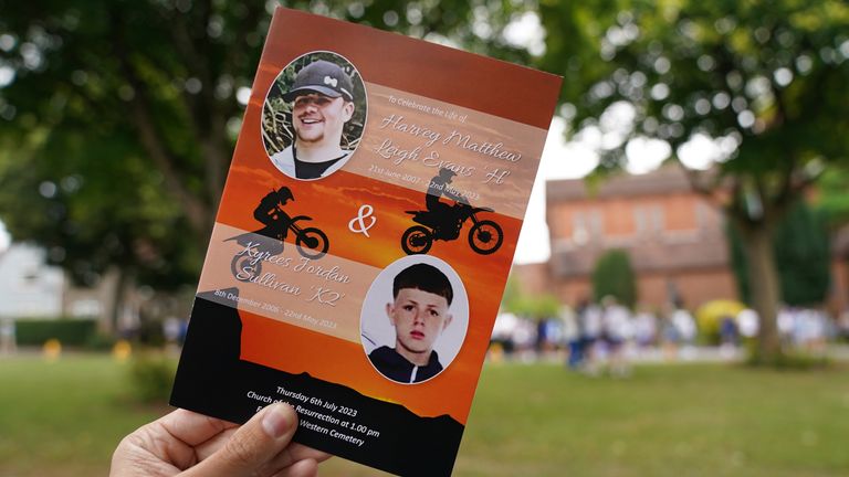 An Order of Service for the funeral of Kyrees Sullivan and Harvey Evans at the Church of the Resurrection in Ely, Cardiff. Kyrees, 16, and Harvey, 15, died in road traffic accident in the town on May 22, moments after they had been involved in a pursuit with police whilst riding an electric bike. Pic date: Thursday July 6, 2023