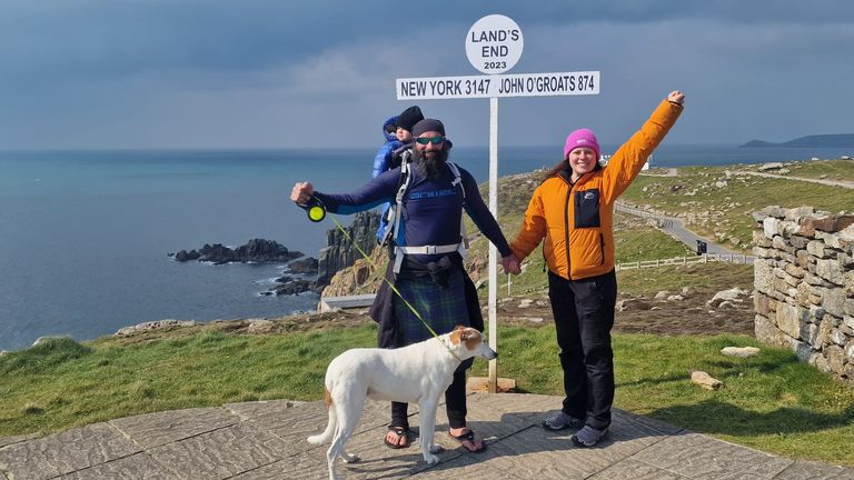 Chris Lewis at Land&#39;s End during his hike around the UK coastline