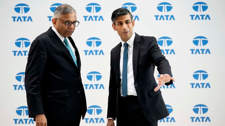 Prime Minister Rishi Sunak (right) with Tata Sons Chairman, Natarajan Chandrasekaran during his visit to Jaguar Land Rover in Coventry, Warwickshire.  