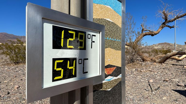 A view of a digital sign displaying the high temperature in Death Valley, California, U.S. July 15, 2023. REUTERS/Jorge Garcia