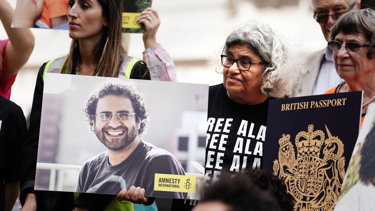 Mr el-Fattah's mother (middle) at a protest calling for her son's release in 2023. Pic: PA