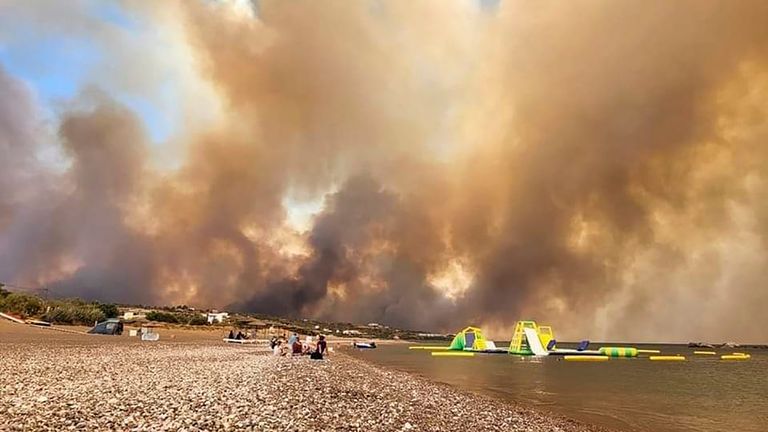 Clouds of smoke from a forest fire rise to the sky