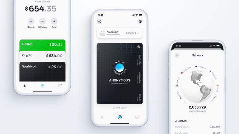 The app holds the user&#39;s digital ID and crypto balance. Pic: Worldcoin