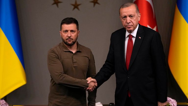 Turkish President Recep Tayyip Erdogan, right, shakes hands with Ukrainian President Volodymyr Zelenskyy at the end of a joint news conference following their meeting in Istanbul, Turkey, early Saturday, July 8, 2023. (AP Photo/Francisco Seco)