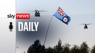 Two Chinook helicopters fly past the RAF standard during today&#39;s service and dedication of a memorial to Air Quartermasters and Air Loadmasters at the National Memorial Arboretum near Alrewas – AP  
