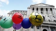 Campaigners from Positive Money demonstrate outside the Bank of England in London, against the rises in interest rates amid the cost of living crisis. They are demanding the government introduce a windfall tax on bank profits. Picture date: Thursday August 3, 2023.